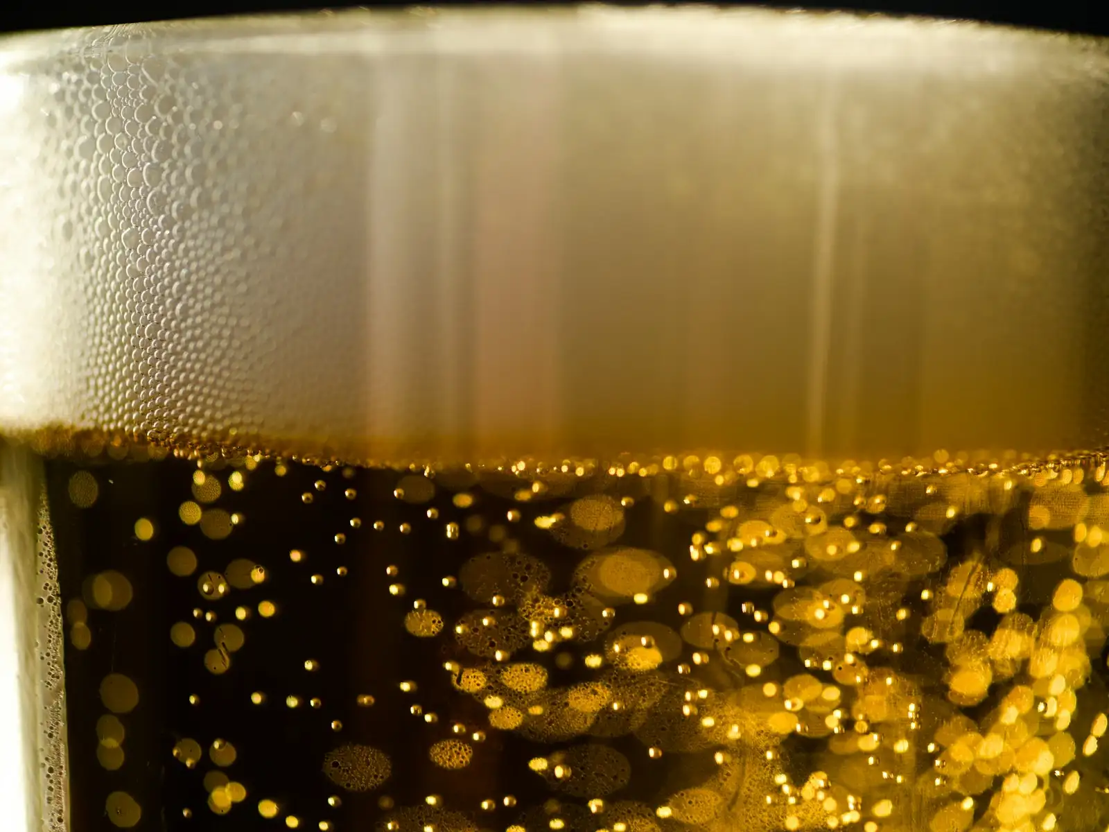 Glas helles Bier mit Schaumkrone und aufsteigenden Perlen